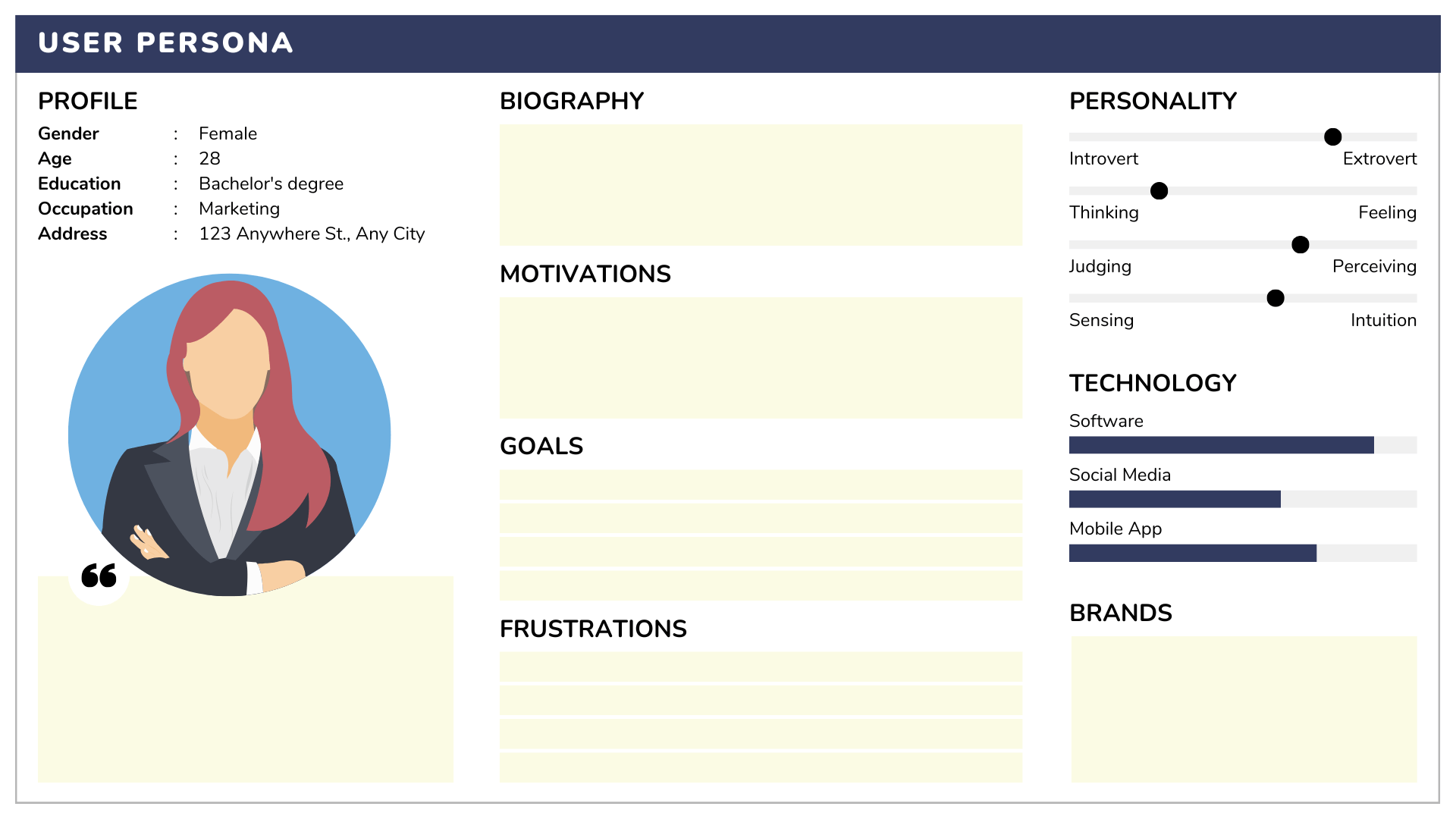 User persona template for UX design, outlining user profile, goals, motivations, and frustrations—key for creating a user-centric design approach